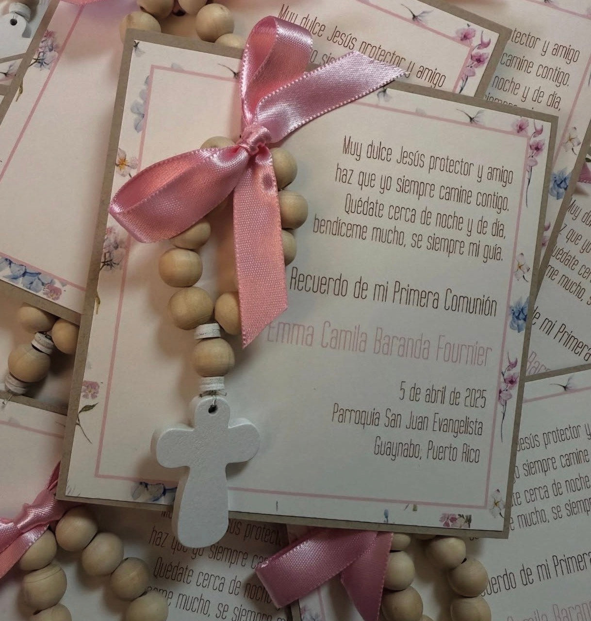 Girl Square Double Panel with Wood Rosary